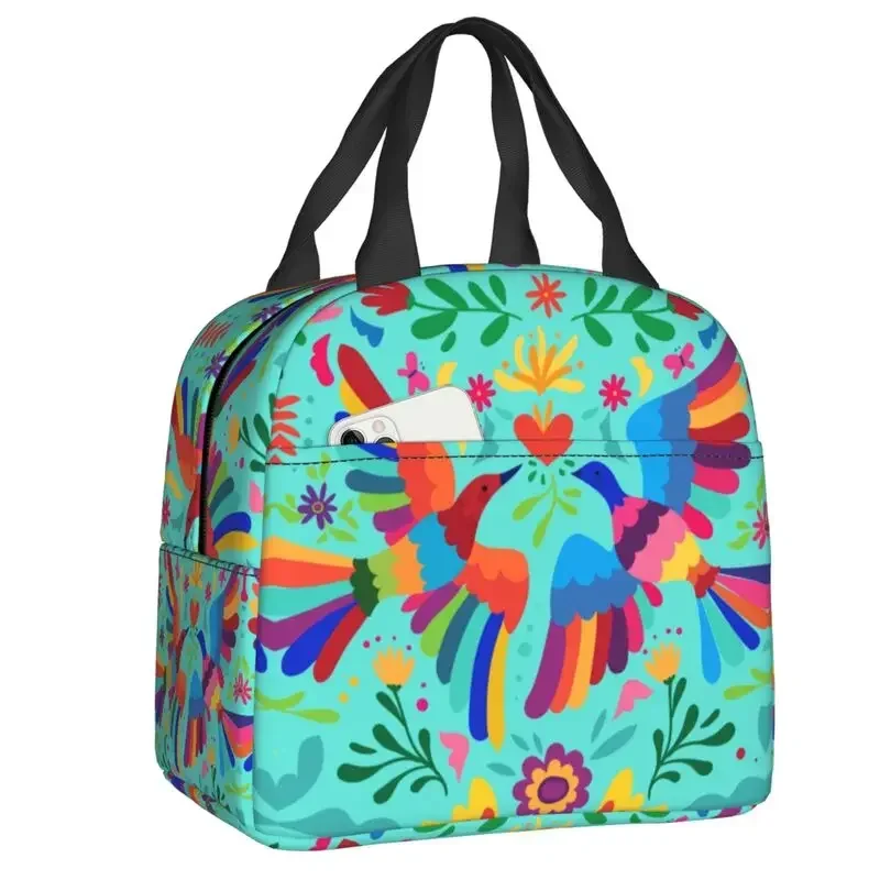 Mexican Otomi Fabric Mexico Art Thermal Insulated Lunch Bag Flowers Mexico Resuable Lunch Tote for Outdoor Travel Food Box