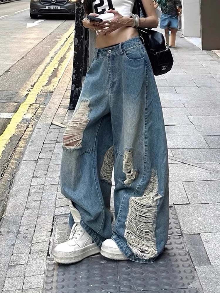 Y2K American Retro Women High Waisted Ripped Jeans Summer Loose Wide Leg Floor Length Pants High Street Slimming
