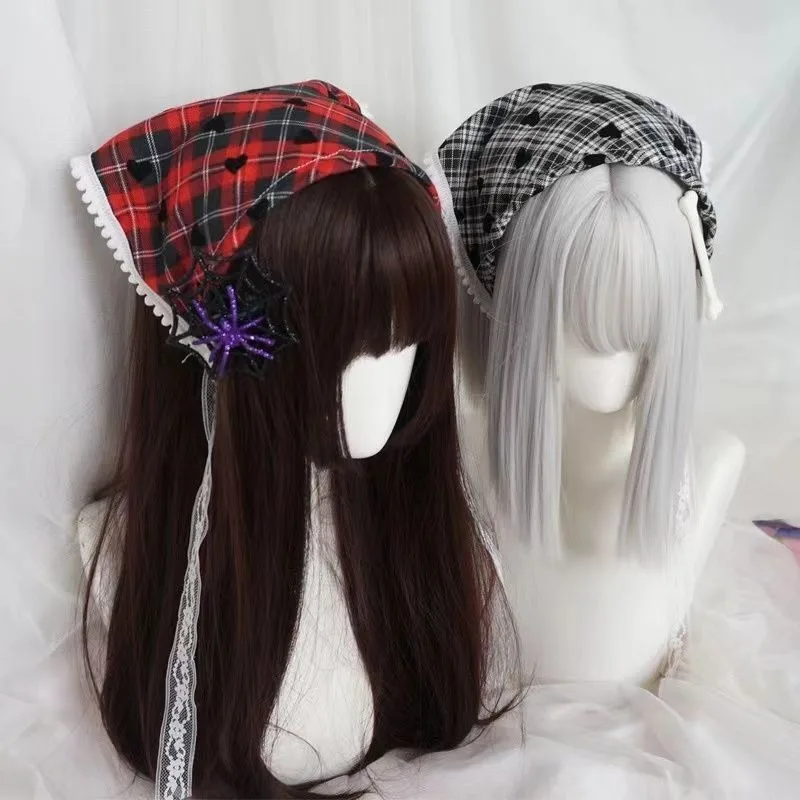 Kawaii Lolita Cute Scottish Tartan Retro Plaid Heart-shaped Turban Headband Women Hair Scarf Triangular Towel Y2k Cool Hair Band