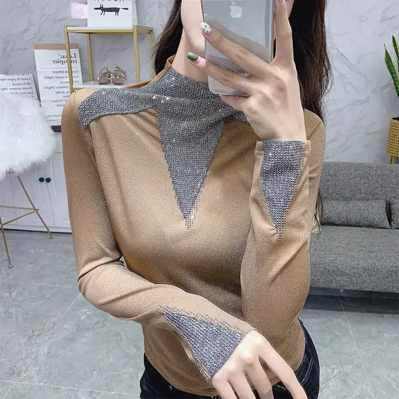 Women's Tops Fall 2021 New Hot Rhinestone V-neck Hollow Half High Collar Base Shirt Long Sleeve T-Shirt Retro Aesthetic Top