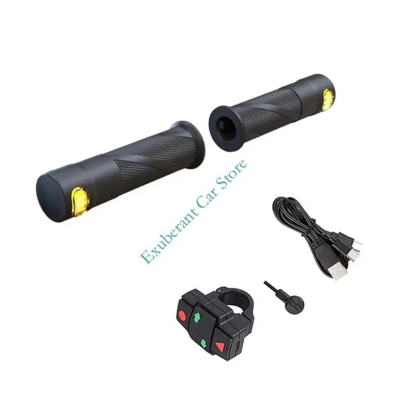 Electric Bike Handlebar Grips with Integrated Turn Lighting, Angled Textured Rubber Surfaces and Extended-Length Grip