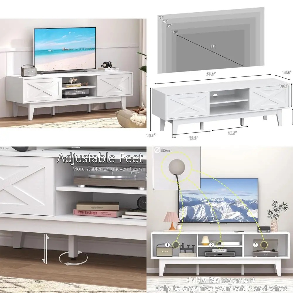 

Rustic Farmhouse Style TV Stand for 55-65 Inch TVs with Sliding Doors and Storage Shelves
