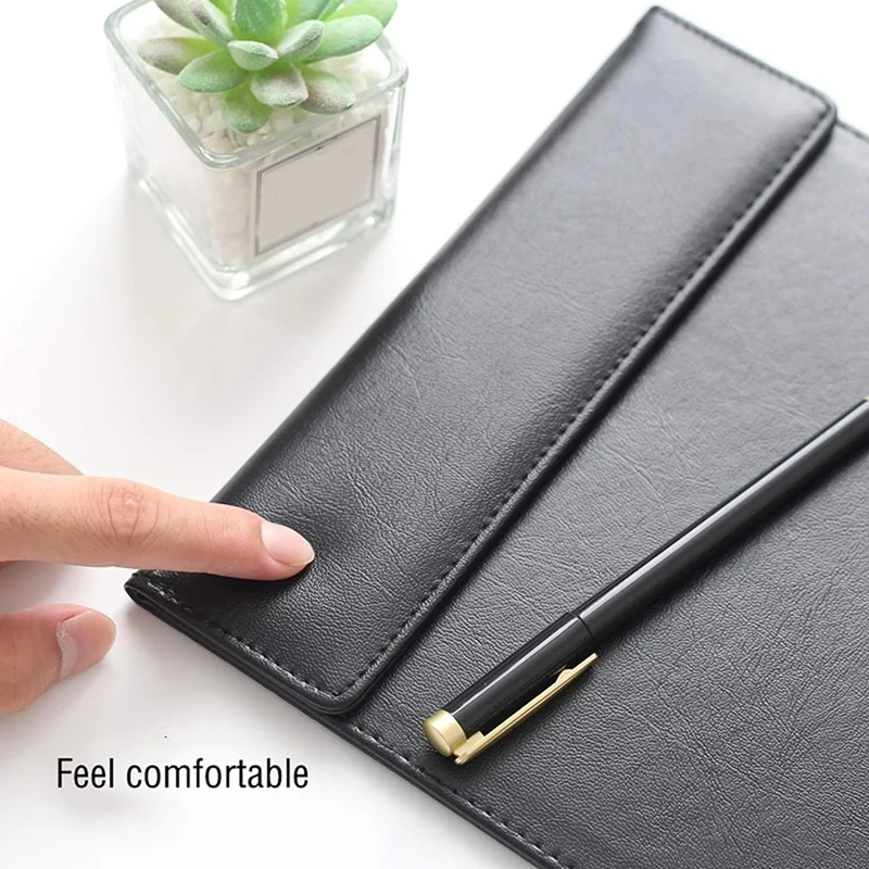 แฟ้มหนัง PU ตั้งโต๊ะสำหรับประชุม A4คลิปบอร์ดสำนักงานแฟ้มสีดำพร้อมปากกาปิดผมขาวทนทาน2ชิ้น