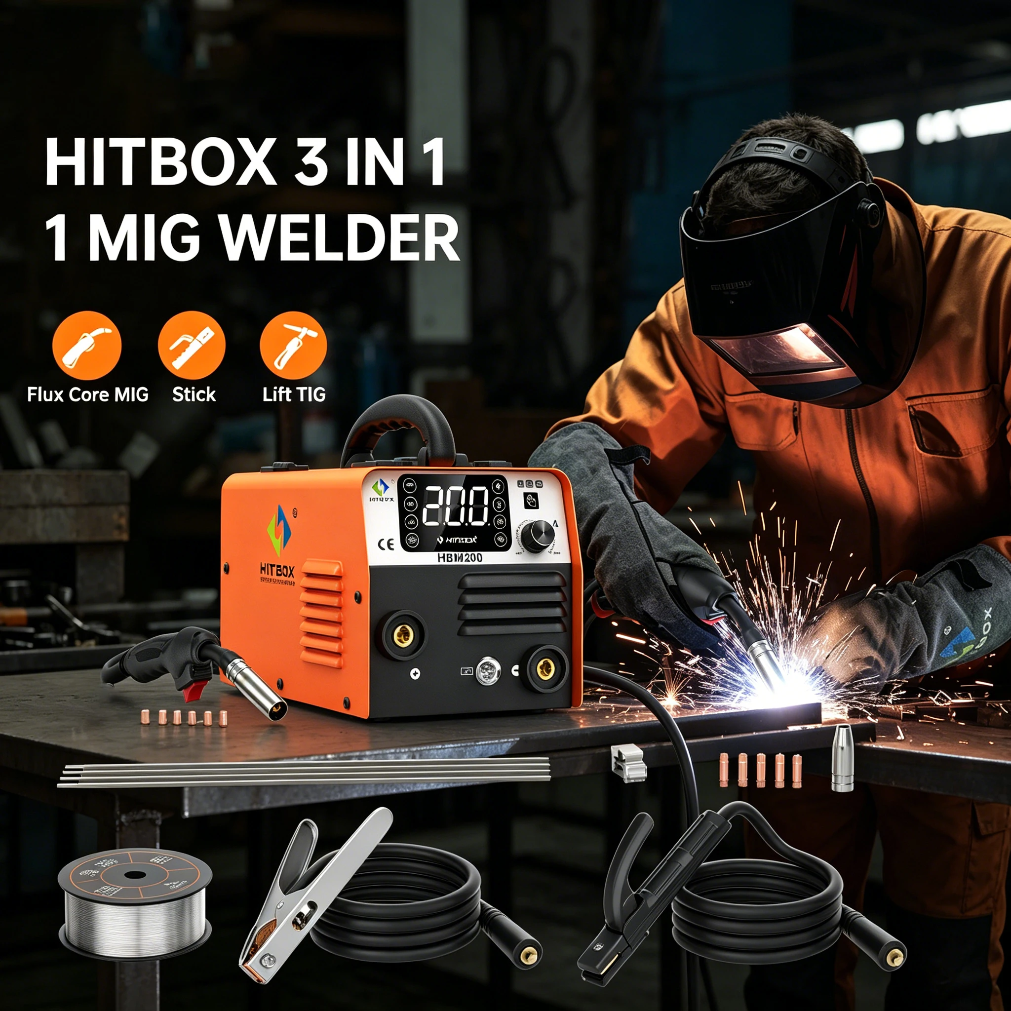

HITBOX HBM200 MIG TIG MMA Welding Machine 3 IN 1 Synergy Inverter Welder Gasless Flux Core Semi-Automatic Soldering Portable Inverter Equipment for Iron Metal Work