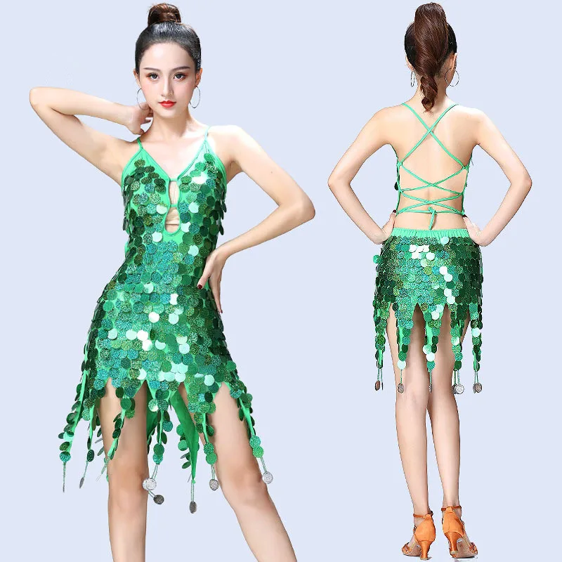 Latin dance kleid strass fringe Sexy Quaste Latin Dance Kleid Bühne Performance Mode Zeigen Kostüm Einzelnen Schulter