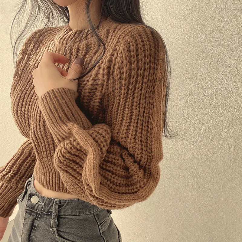 Rimcoy Korean Fashion Cropped Sweater Women 2024 New Round Neck Knitted Jumper Woman Soft Solid Color Long Sleeve Pullover Mujer