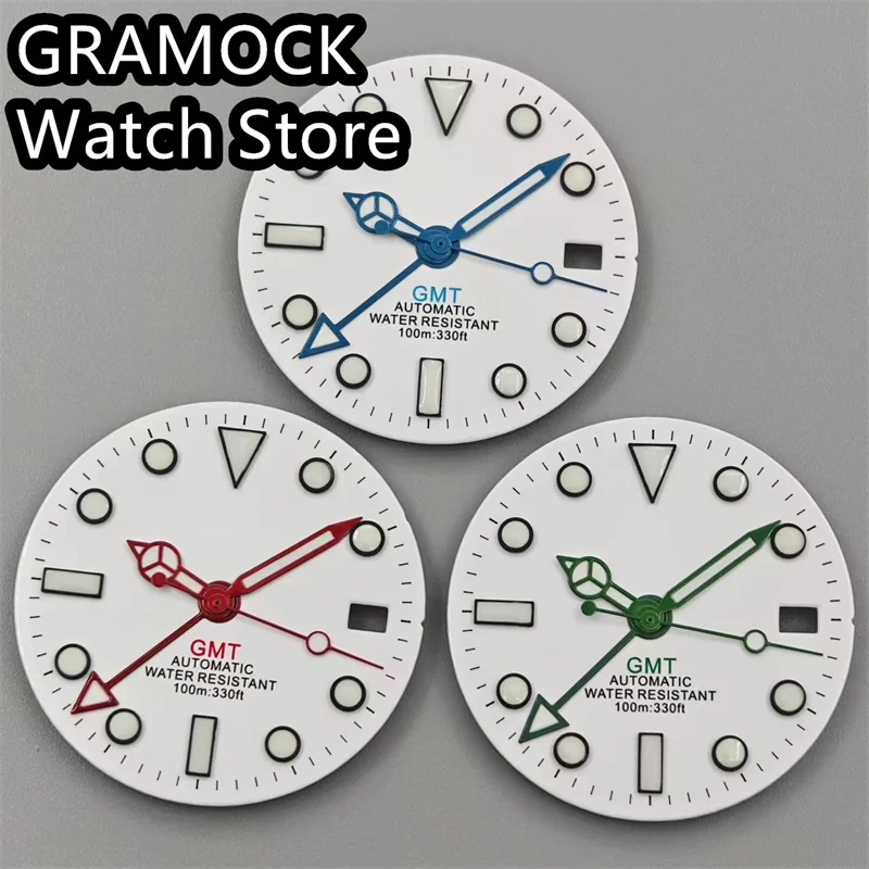 GRAMOCK 29mm Watch Dial With Black Edge Time Marks Black Blue Green Red Orange GMT Text Green Luminous Fit NH34 Movement