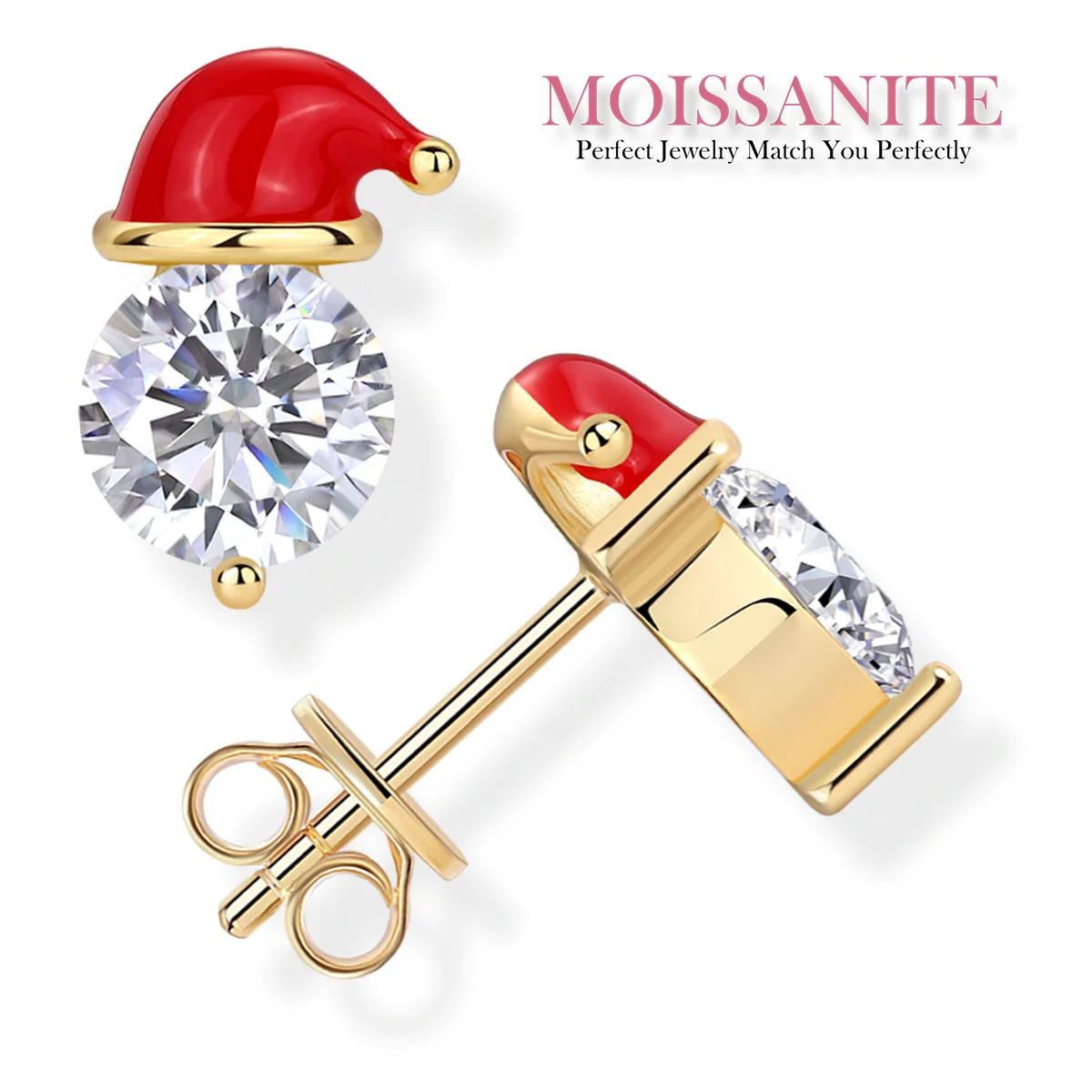 2 ctw Santa Hat Moissanite Stud Earrings – 18K Gold Plated S925 Silver for a Festive Christmas Sparkle and Cheer