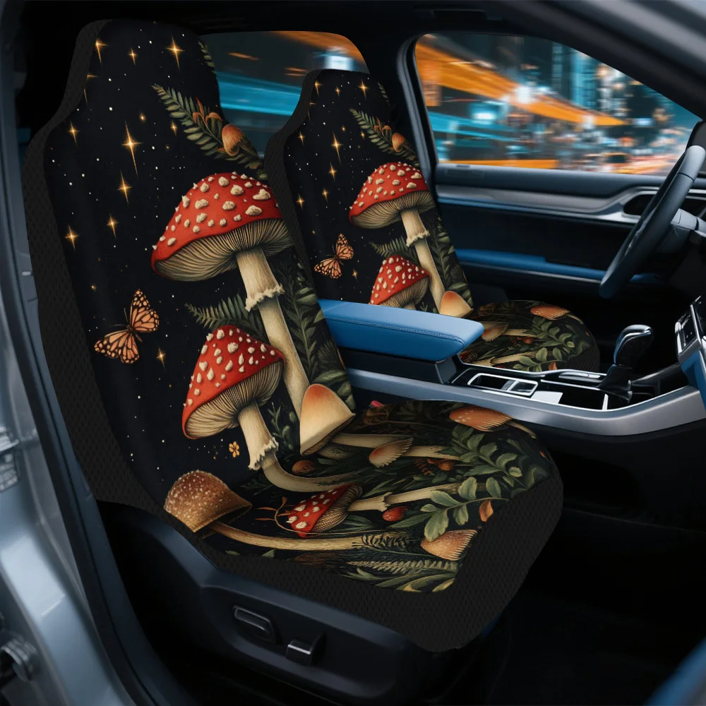 2pcs Horror Fantasy Starry Forest Mushroom Print Car Seat Covers – Front Seat Protectors For Cars, SUVs & Sedans, Durable And E