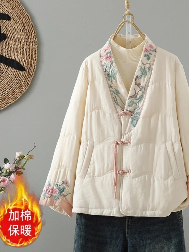

Новый китайский стиль с v-образным вырезом и диагональным воротником, тяжелая вышивка, льняная и хлопковая куртка с длинными рукавами, осенне-зимнее стеганое пальто W9180