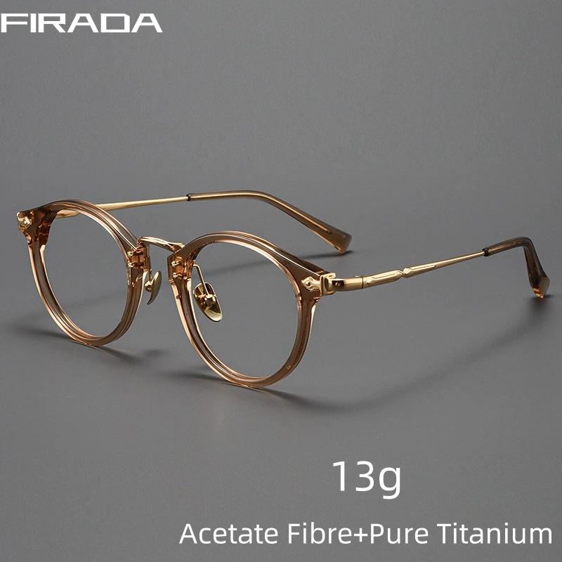 

FIRADA Fashion Round Glasses Women 2024 New Retro Pure Titanium Acetate Eyewear Prescription Eyeglasses Frame For Men BT55006-C