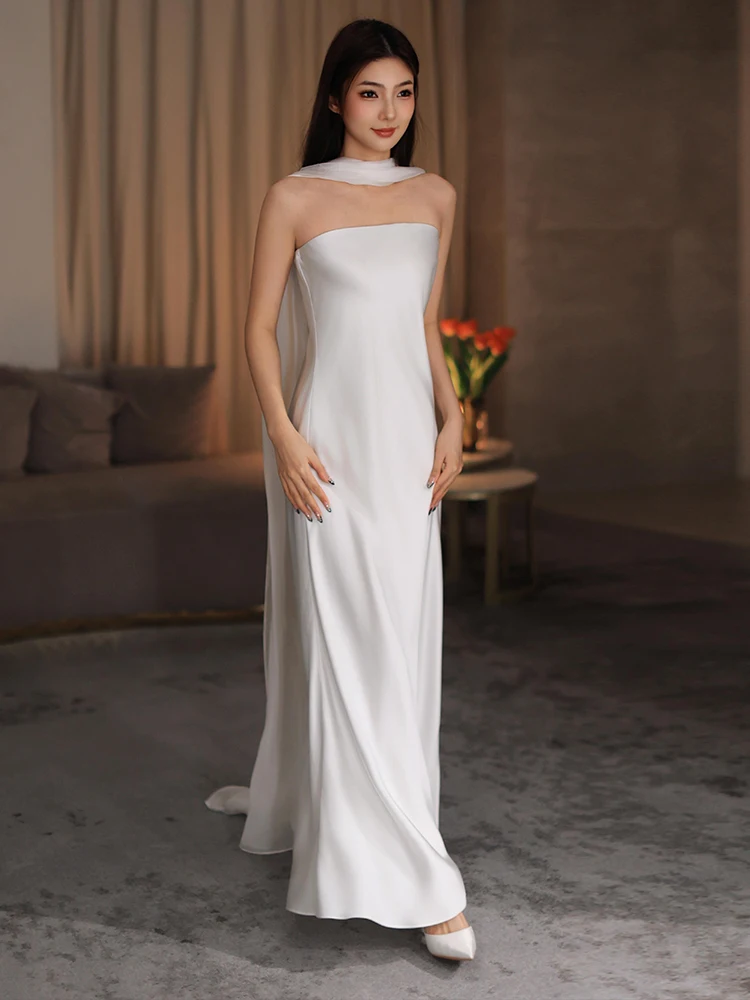 

Простой свадебный утренний халат Ele Bridal из белого атласа для помолвки и свадебной церемонии, длинное платье с вырезом без бретелек