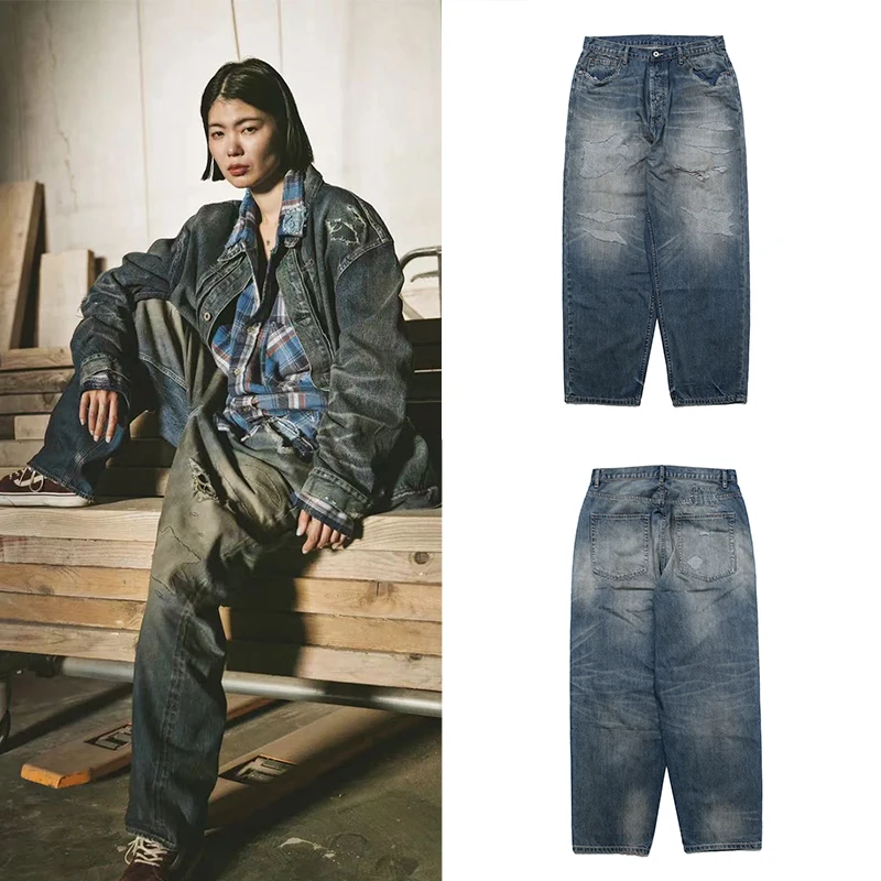 

Джинсы из выстиранного денима, удобные, с широкими штанинами, в молодежном стиле, повседневные, с эффектом потертости, со средней посадкой, длинные брюки прямого кроя, свободные