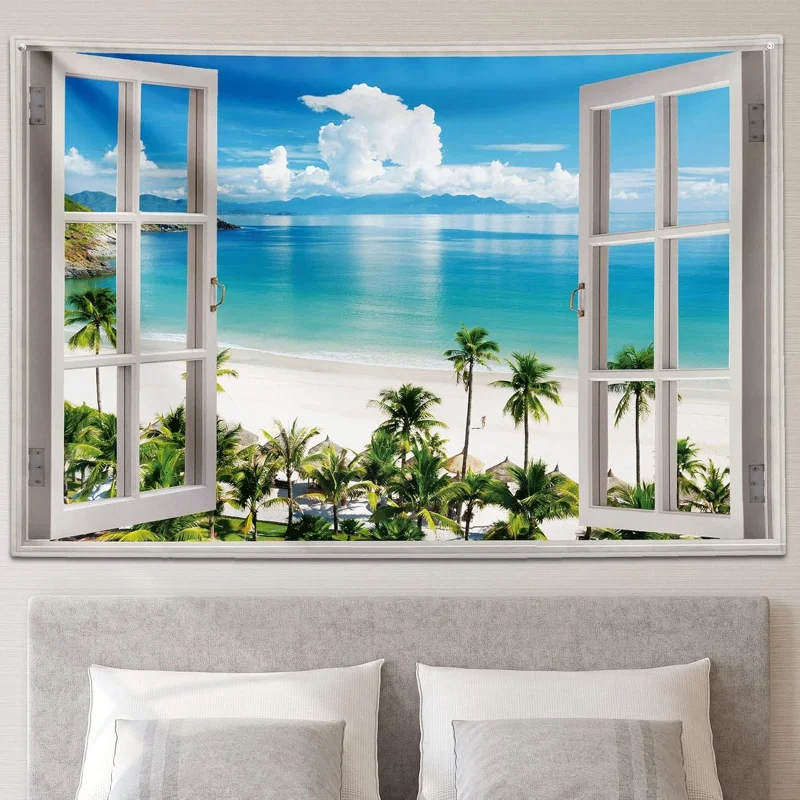 1 Stück, 2D-Flachbild, Wandteppich mit Meeresstrand-Motiv, Hintergrundstoff, natürliches Meeresfenster, geeignet für Schlafzimmerästhetik, wsj