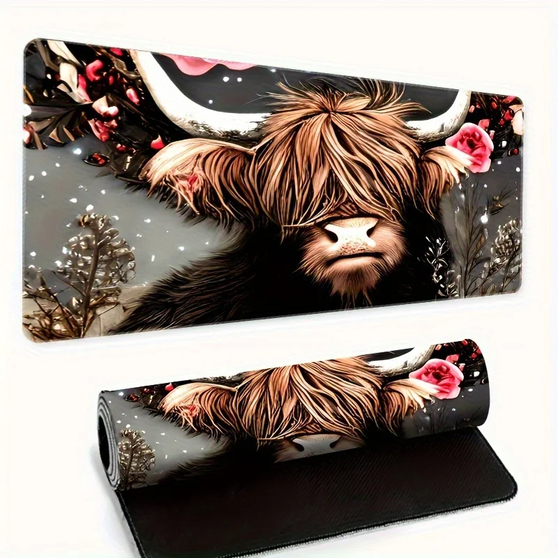 Highland Cow Floral Art Extended Mouse Pad Non-Slip Rubber Desk Mat for Gaming Office Home