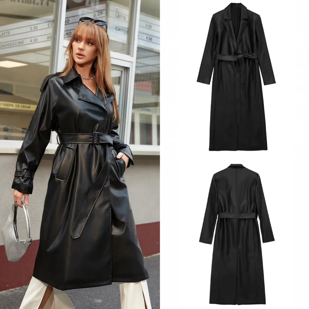 2024 Women Loose Fashion Wholesale Jacket Belt Single Breasted Overcoat Autumn Long Cool PU Leather Trench Coat Outwear