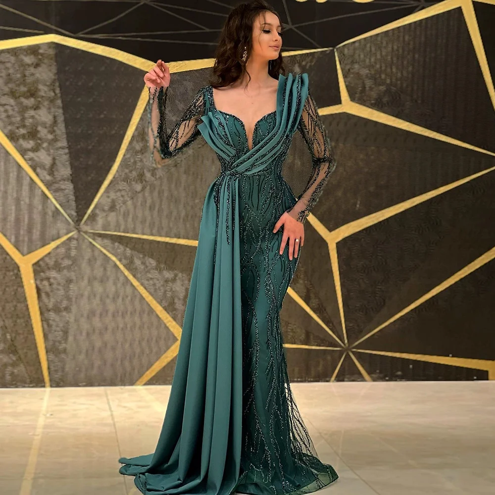 Dubai Emerald Green Long Sleeves Mermaid Evening Dresses Luxury 2024 Beaded Formal Square Collar Pleat Tulle Prom Party Gowns