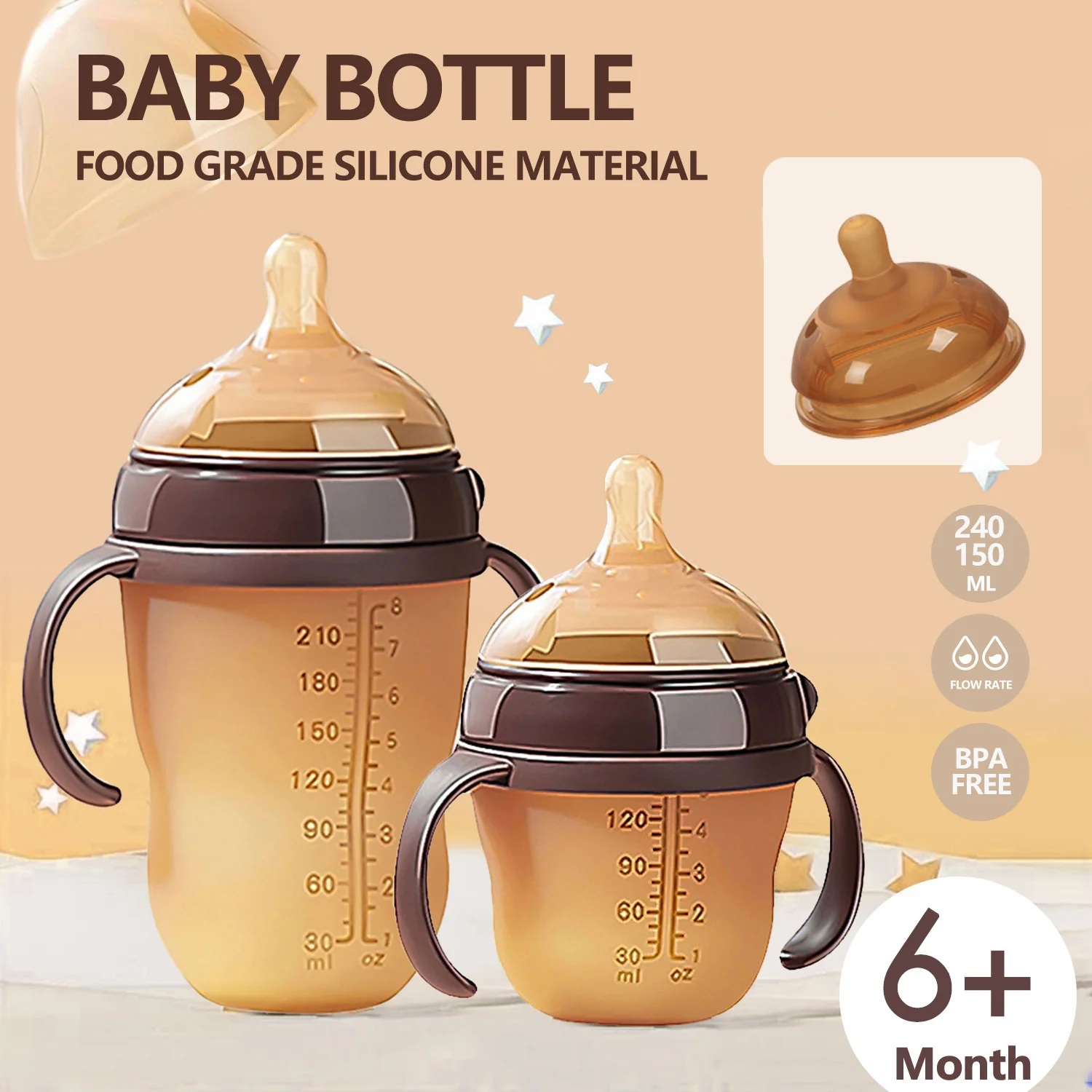 

1pcs nano-color silicone baby bottle with handle, wide-mouth baby bottle, weaning imitation breast milk design