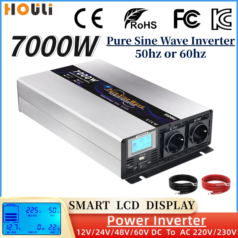 Przetwornica czysta fala sinusoidalna 5000W 6000W 7000W konwerter DC 12v 24v 48v do AC 220v 230v transformator powerbank na energię słoneczną z ładowarką USB