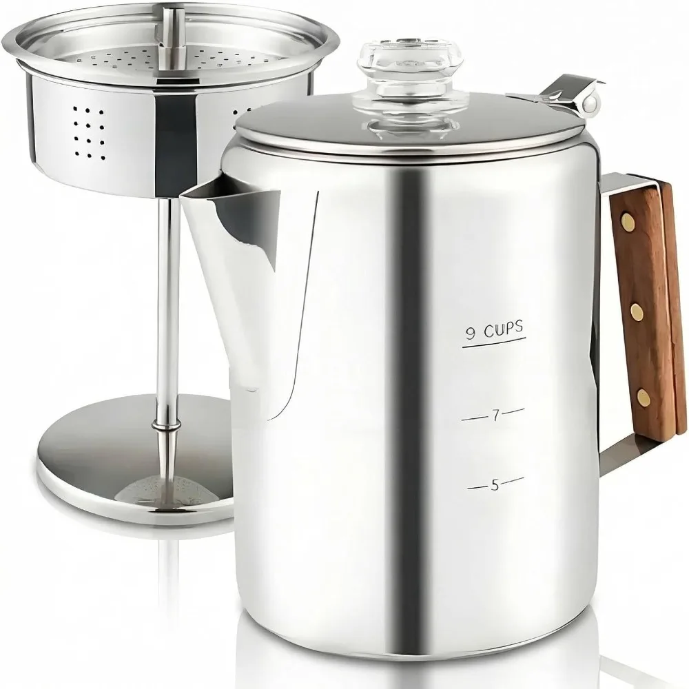9 Cup Capacity Camping Percolator Coffee Pot Removable Lid Wood Handle Camping Coffee Pot Stainless Steel Material