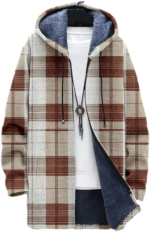 سترة رجالية منقوشة كبيرة الحجم بغطاء للرأس مبطنة بالصوف وسحاب شيربا معاطف شتوية مريحة مع جيوب