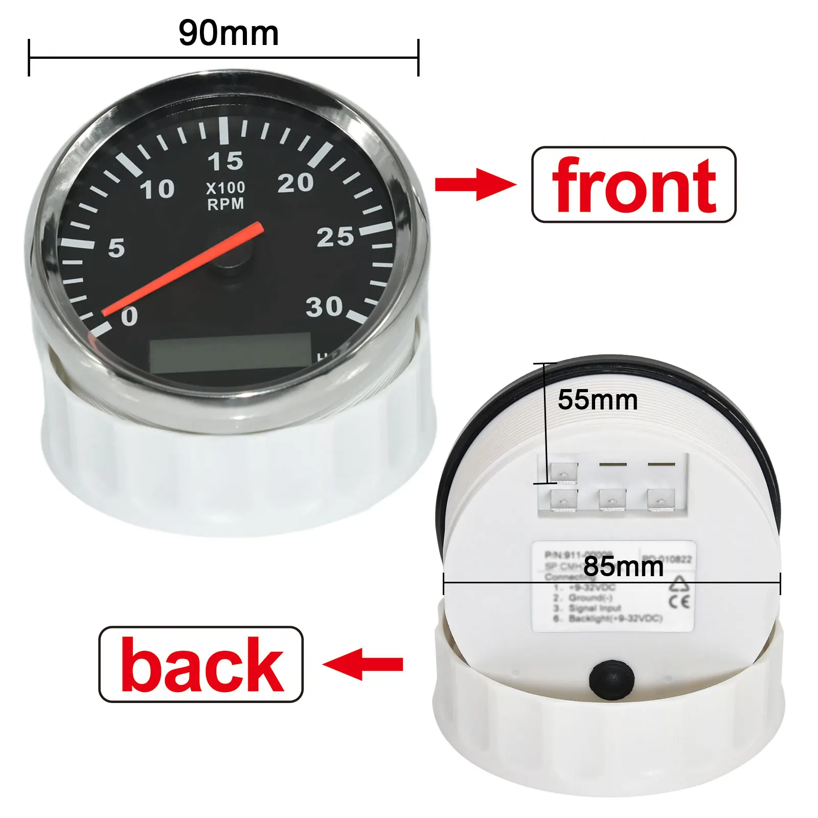 HD 3K RPM Tachometer Gauge + Tacho Sensor REV Counter with Hour Meter 85mm 3000 RPM Meter Gasoline Diesel 12V 24V Waterproof