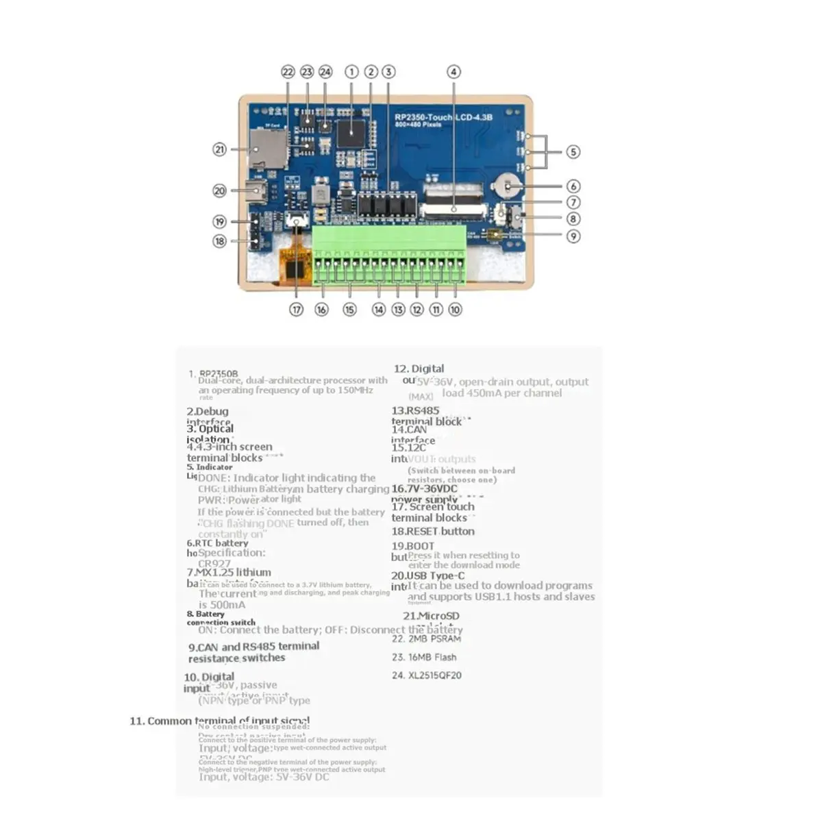 L73A NEW RP2350 4.3inch LCD 800x480 Capacitive Touchscreen Display Board Sensor CAN RS485 for IoT Industrial Control