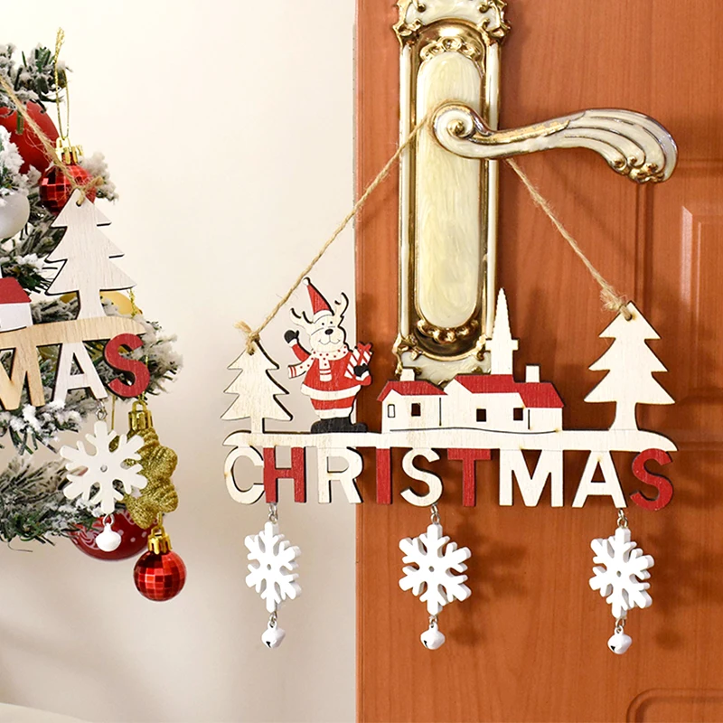 1pc Wooden Christmas Door Hanging Sign Oranments Christmas Wreath Decoration Wood Crafts Pendants For Xmas Tree Home Wall Decor