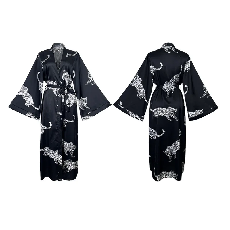 

Summer Satin Nightgown Women Kimono Bathrobe Gown V-neck Long-sleeved Sleepwear Loose Home Dress Loungewear