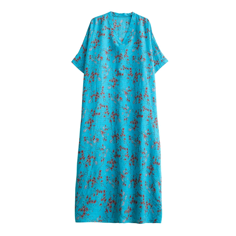 Été mince Floral Vaion Sle voyage v-ne rétro Long Dr doux confortable sur le genou coton lin mélange enveloppement Dr