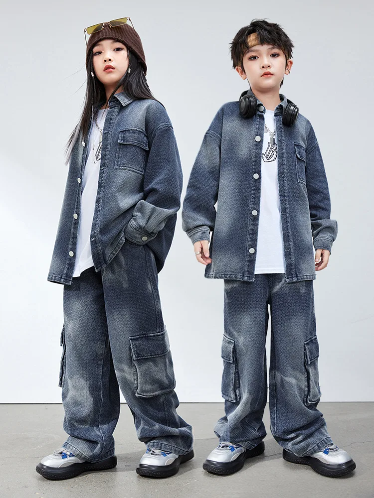 Kid Hip Hop Clothing Denim Blue Washed Shirt Jacket Top Casual Baggy Jeans Cargo Pants for Girl Boy Jazz Dance Costumes Clothes