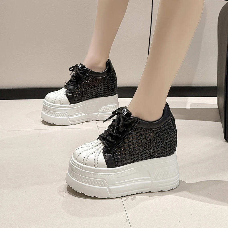 2026 New Summer Women's Leather Sneakers High Platform Lace-up Casual Shoes Hollow out 12CM Heels Walking Shoes Zapatos Mujer view 5