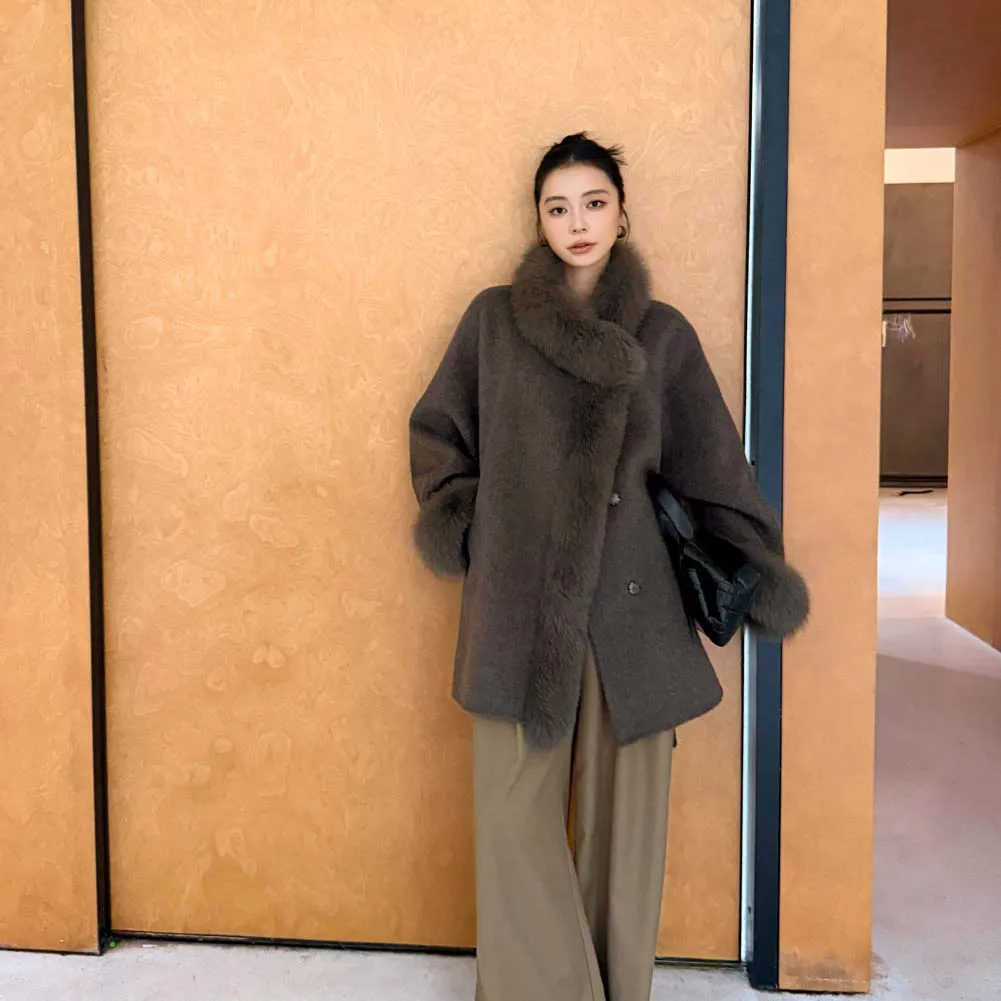 2025秋冬新作 両面ウールカシミヤコート ミドル丈 フォックスファー襟付き ウールコート レディース