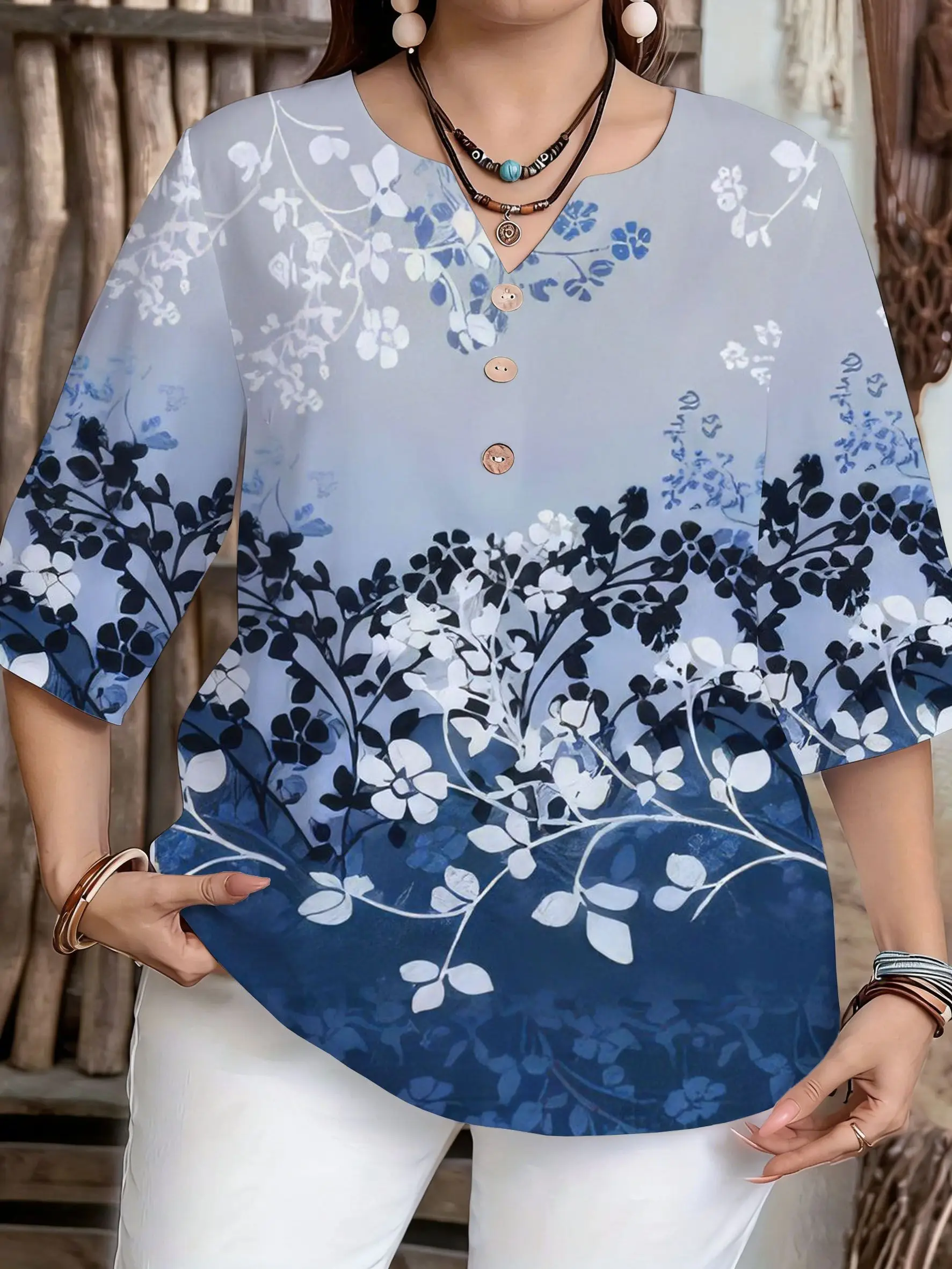 Women 3/4 Sleeve V‑Neck Blouse Button Watercolor Floral Gradient Flame Geometric Print Casual Loose Polyester Ladies Tops
