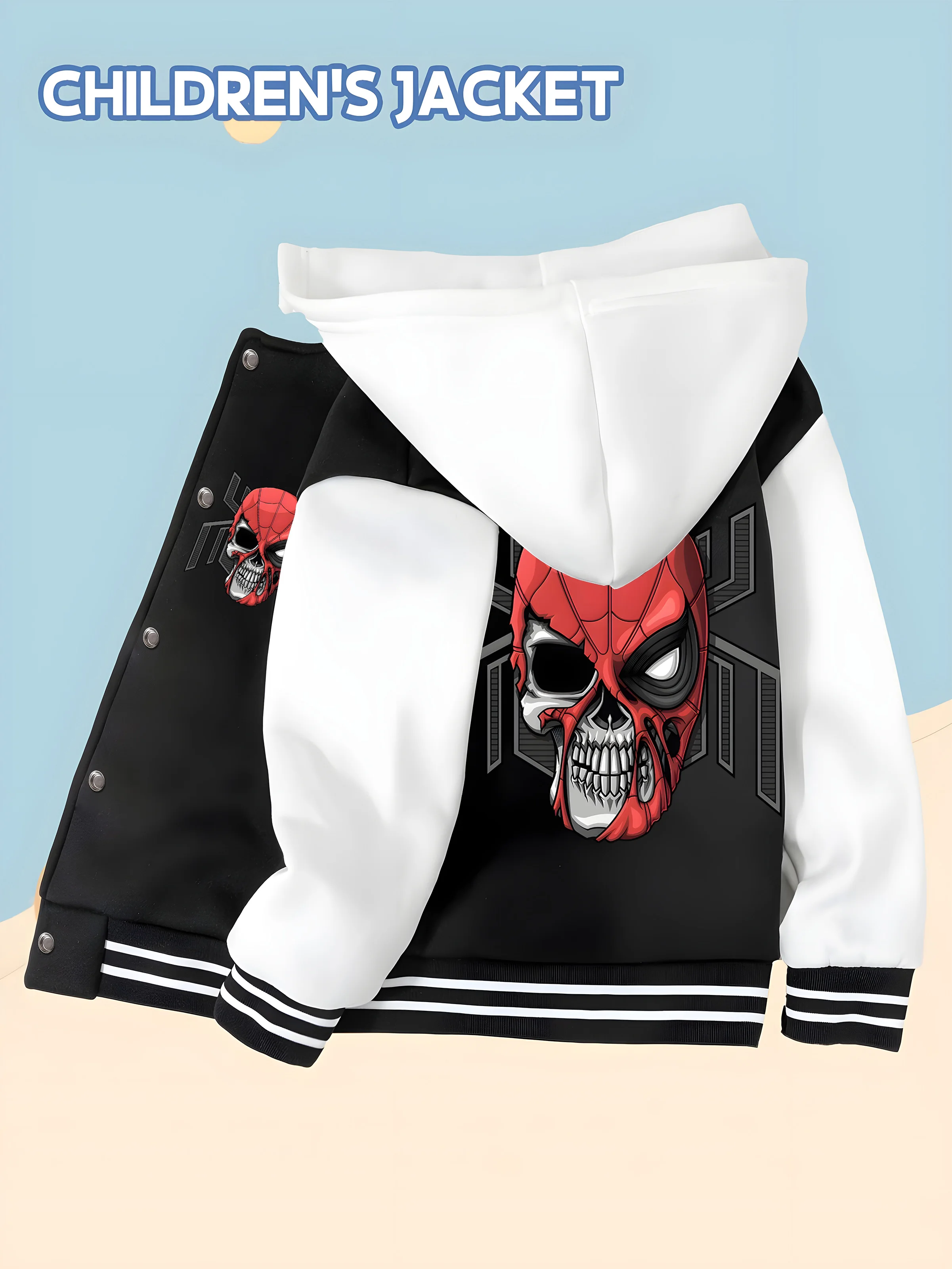 

MINISO Marvel Spider-Man Skeleton Style Children's Baseball Jacket - Skeleton Trend Black and White, Soft Skin-friendly Fabric,