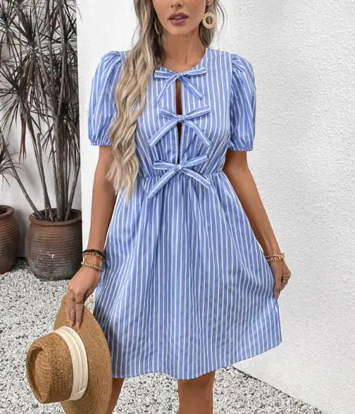 

Summer 2025 Romantic Retro Stripe Printed Dress Round Neck Bow Hollow Decoration Bubble Sleeves Solid Color A-Line Women's Dress