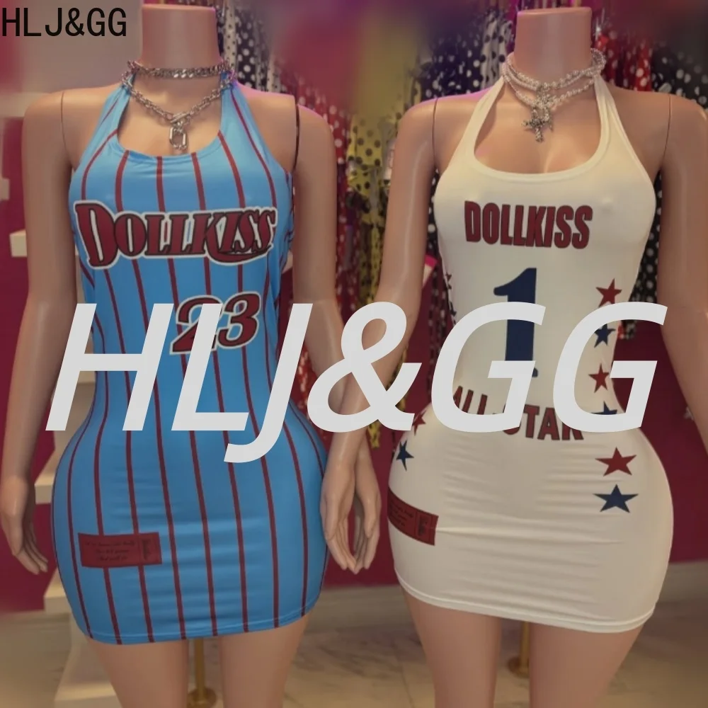 

HLJ&GG American Style Trend Sexy Letter Stripe Bodycon Mini Dresses Women Halter Sleeveless Backless Slim Vestidos Fashion Dress