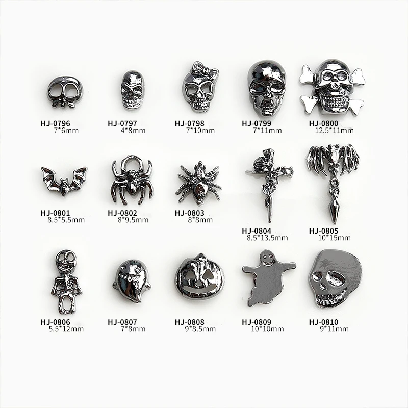 20PCS Halloween Dark Spicy Girl Cute Ghost Bat Spider Skull Gun Black Alloy Nail Art Rhinestones Decorations Manicure Ornaments