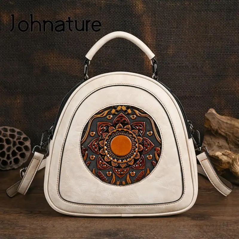 Johnature 2024 New Vintage Handmade Totem Embossed Women Bag Versatile Luxury Handbag  Large Capacity Shoulder Bags