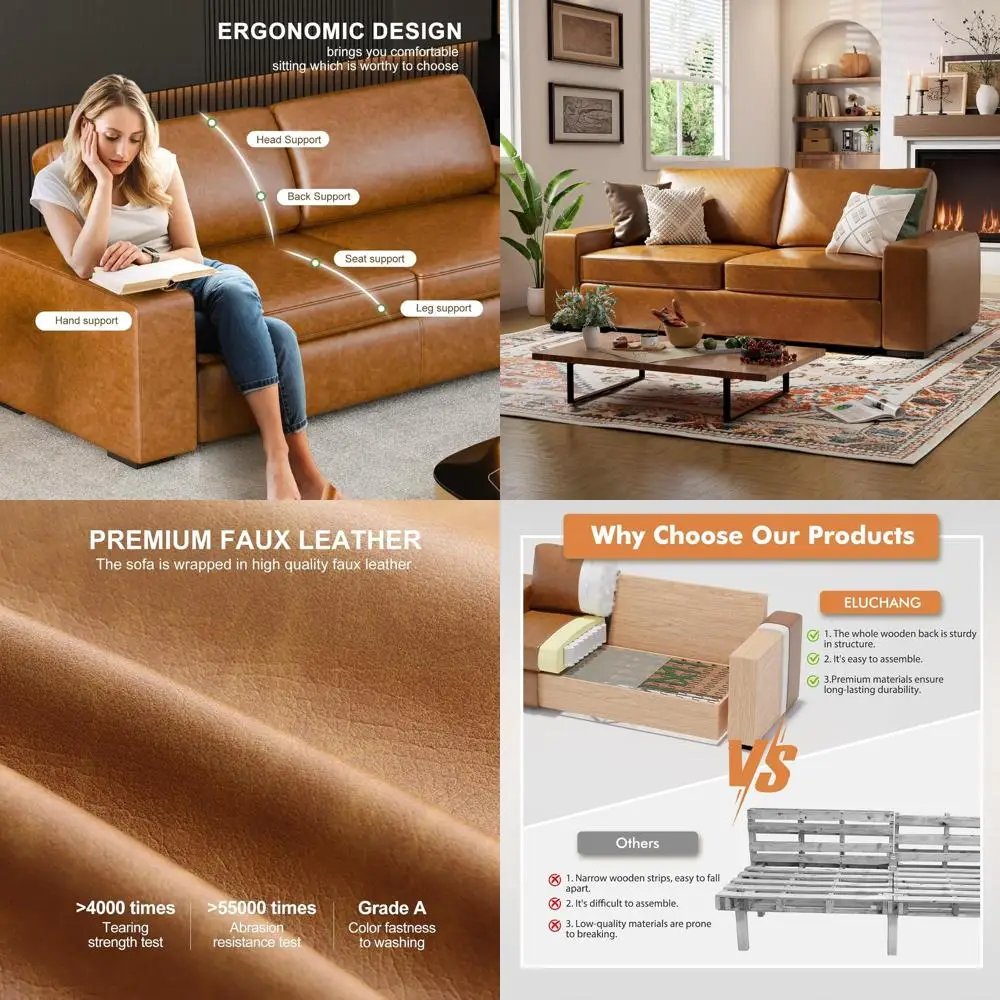 

85 Deep Seating 3-Seater Leather Sofa with Cushioned Seat and Removable Cover, Ideal for Small Living Rooms, Brown