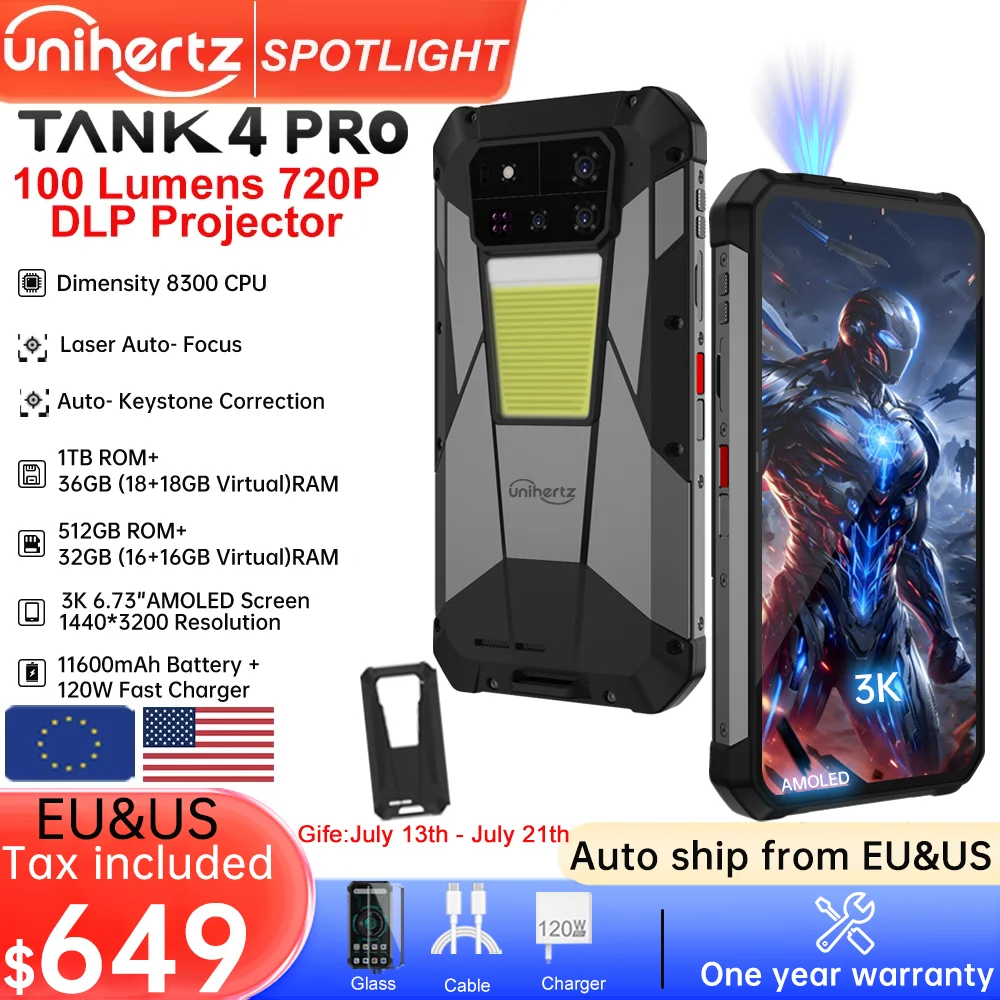 

Unihertz by 8849 Tank 4 pro 5G AI Rugged Phone Built-in 720P Projector Dimensity 8300 512GB/1TB ROM 3k AMOLED 11600mAh IP68/IP69