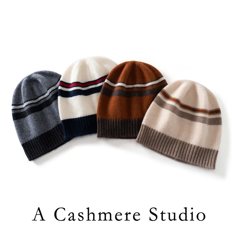 Women's High-Quality 100% Cashmere Knitted Hat with Striped Toe Cap Fashionable Contrasting Colors Warm Cold Resistant Winter Ha