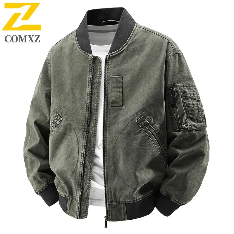

COMXZ 2025 Washed Jacket Men Spring Autumn Casual All-Match Workwear Baseball Collar Jacket Coat outdoor lightweight windbreaker