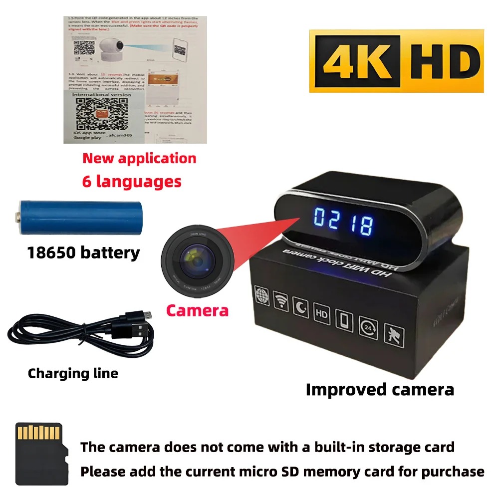 Verbeterde 4KHD mini WiFi-klokcamera, met ondersteuning voor weergave op afstand, bewegingsdetectie, infrarood nachtzicht en als mini-camera voor thuisgebruik. - afbeelding 1