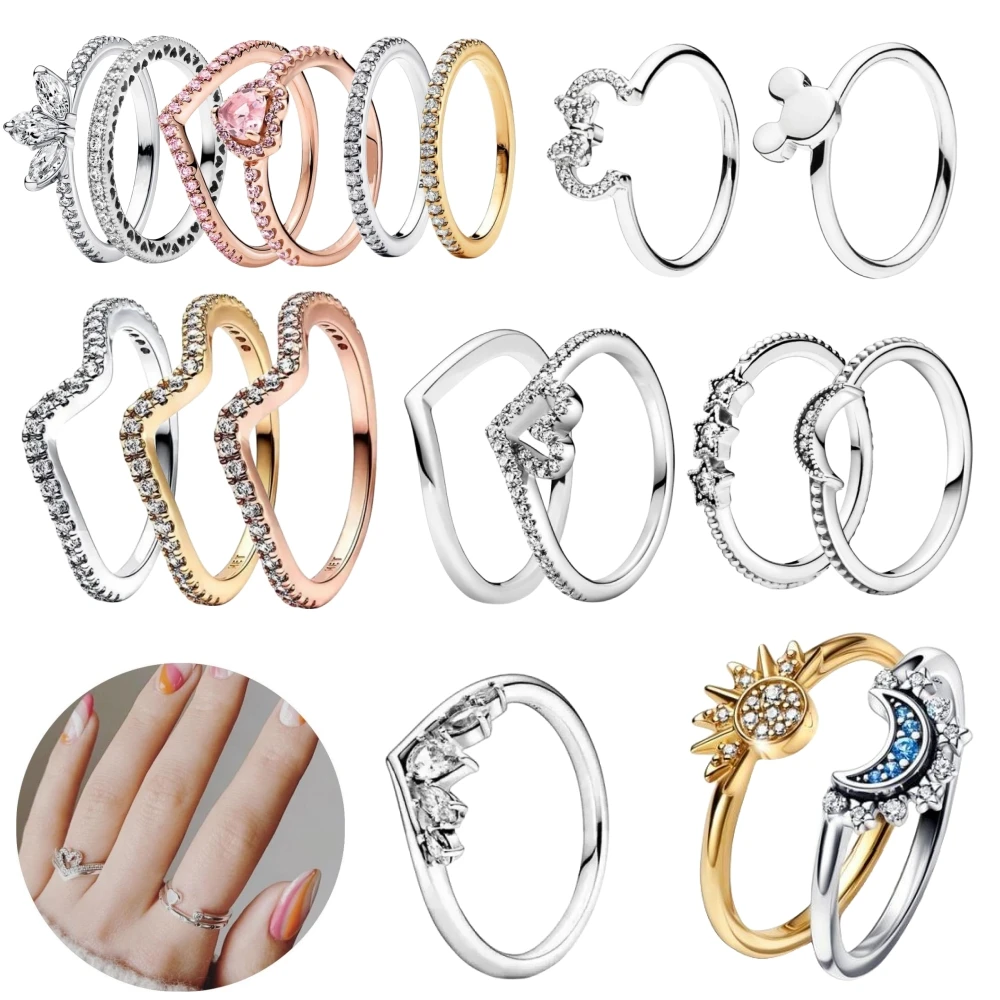 New Hot Selling Original Women's Pink Classic Tight Set Wishing Bone Shining Crown Wave Ring Fashion DIY Charm Jewelry Gift