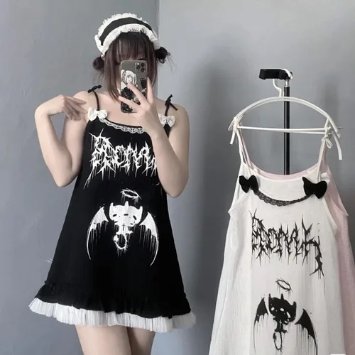 Imagen 2 del producto Vestidos de estilo oscuro para mujer, Mini vestidos japoneses sin mangas para chicas encantadoras Y2k, ropa holgada estampada a la moda para verano, diseño de lazo de encaje Sexy