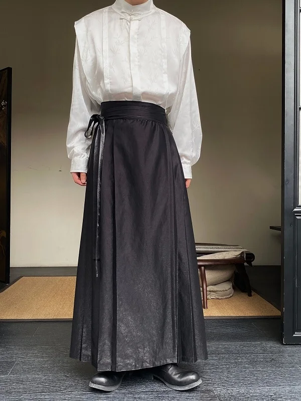 

New Autumn Chinese Sle Belted Hanfu Men's Trendy Liquid Reflective A-Line Skirt High Waist Pleated Long Skirt for Men