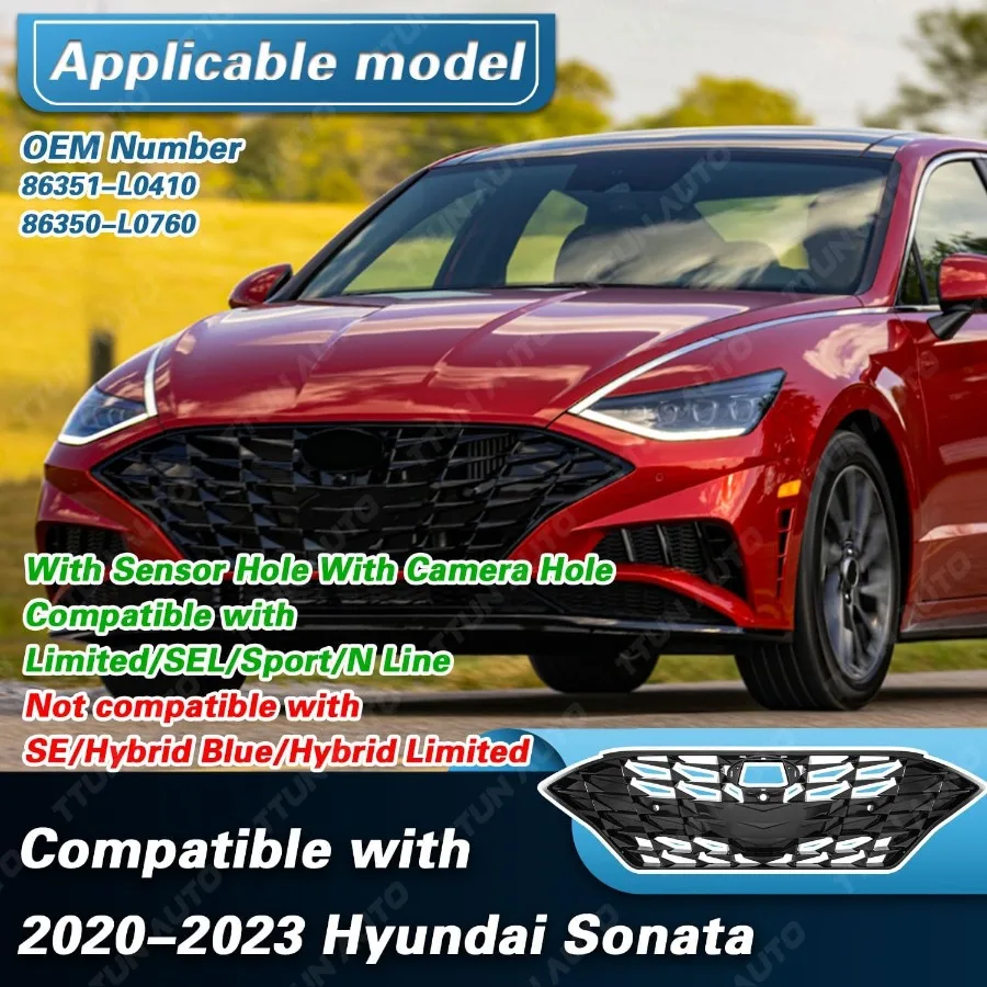 شبكة المصد الأمامي لـ 20202023 Hyundai Sonata Limited SEL Sport Models إصدار رياضي مع مستشعر متكامل وفتحات كاميرا #3