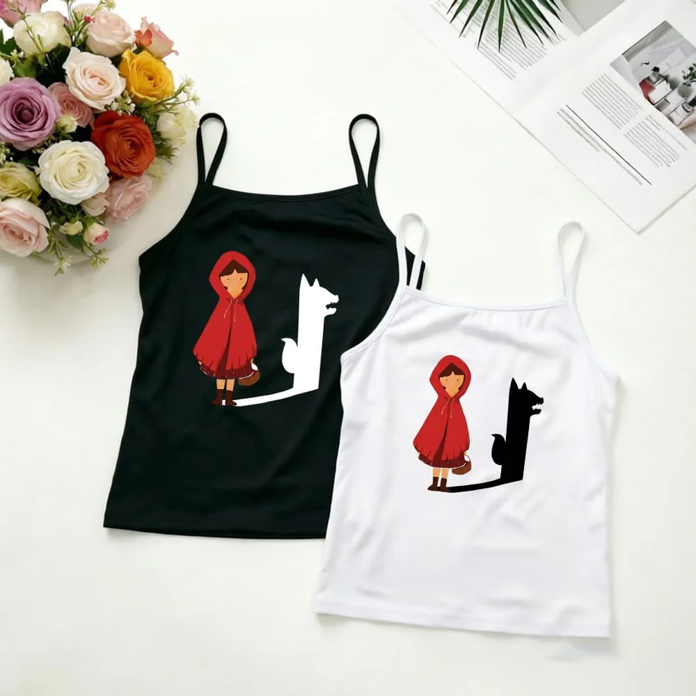 funny Little Red Riding Hood Camisole Women Big Bad Wolf Shadow Graphic Tank Top Fairy Tale Theme Streetwear Goth Fashion