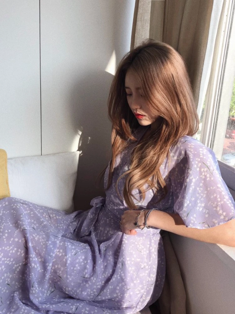 Summer Women Dress Floral Print Long Chiffon Evening Female Vintage Maxi Party Beach Woman Dresses Casual Prom Purple Maxi